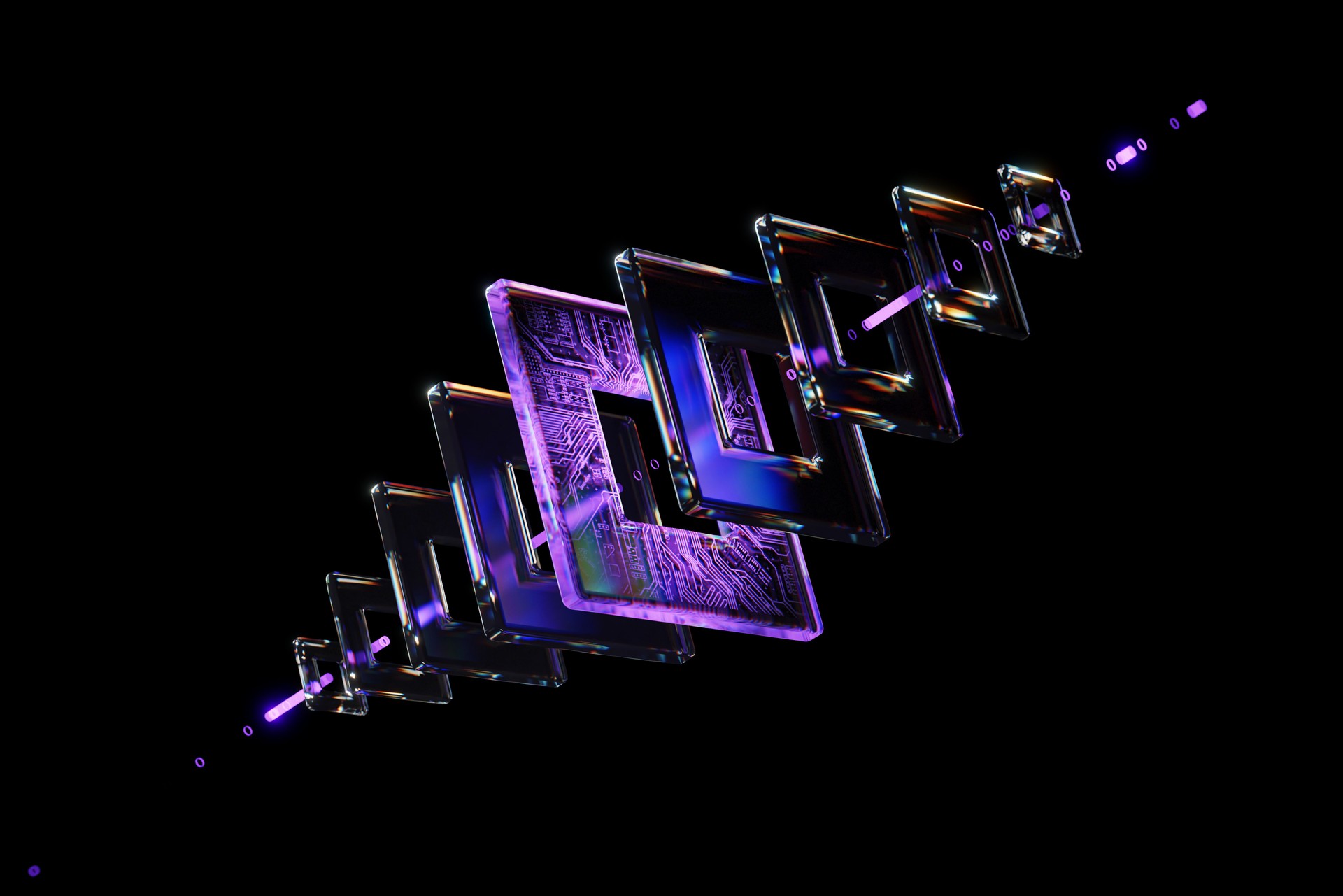 Abstract Geometric Glass Elements on a Black Background with Purple Reflections. Digital art